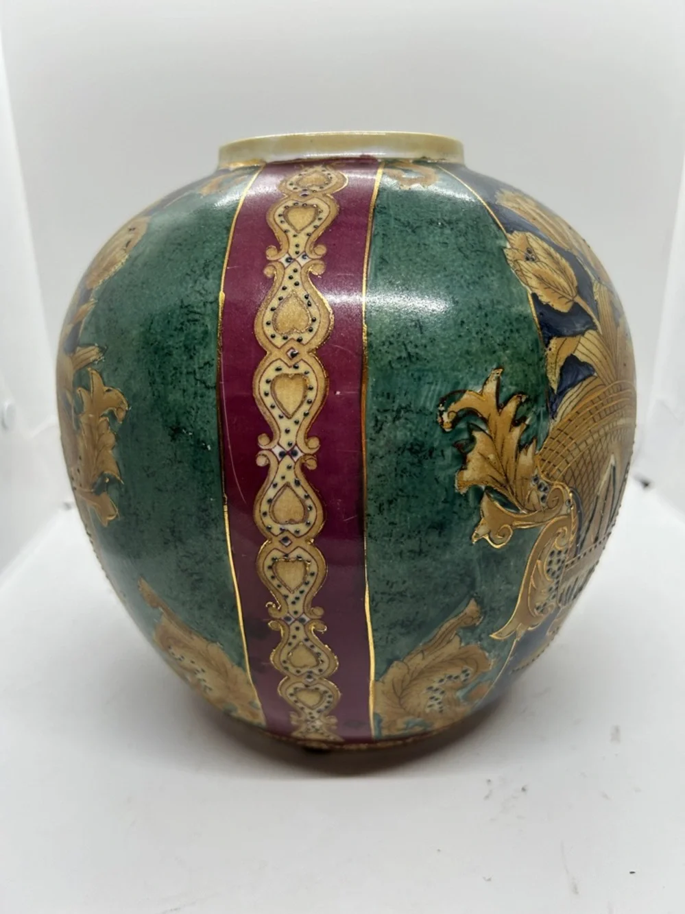 Vintage Decorative Floral Globe Vase in Green, Navy & Gold - Picture 3 of 11